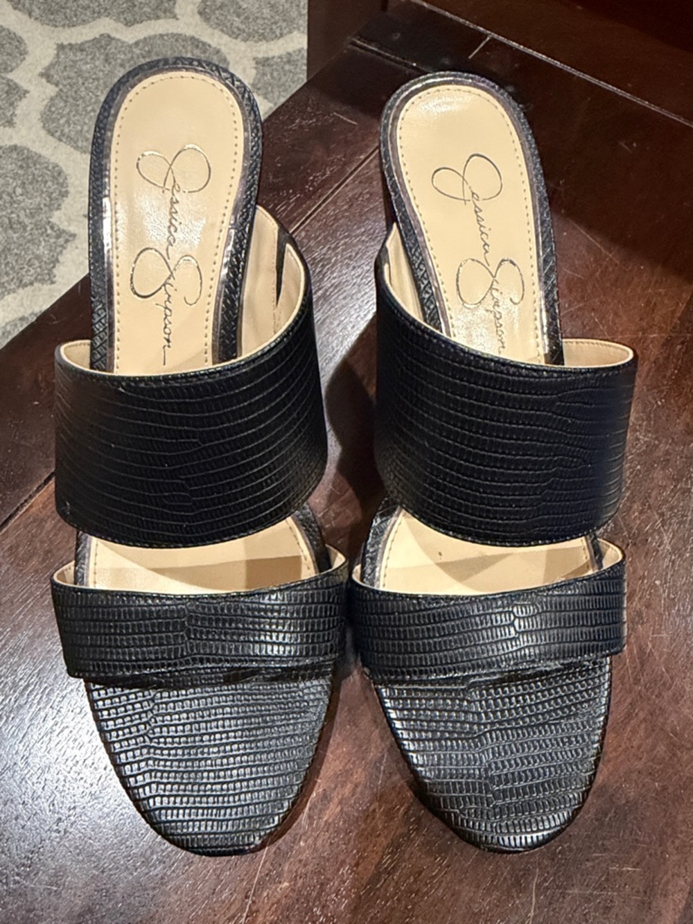 Jessica Simpson Black Textured Double-Strap Slide Mules
